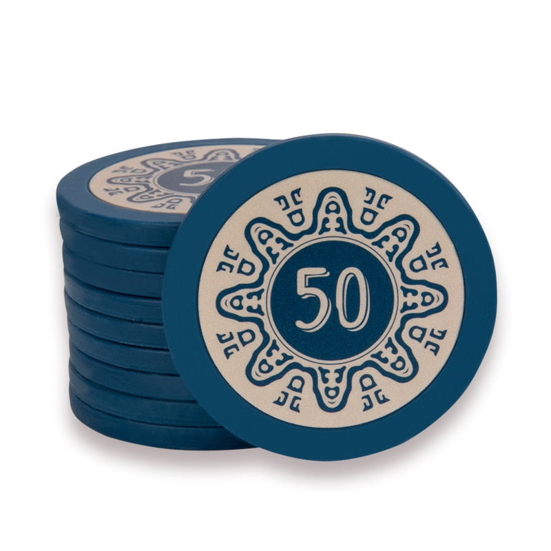 Jeton de poker 14g en céramique de couleur bleu et de valeur 50.