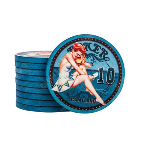 Le jeton de poker céramique américain de couleur bleu et de valeur 10.