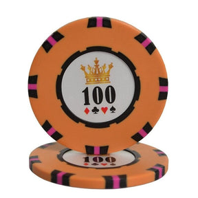 Jeton de poker argile de couleur orange et de valeur 100.