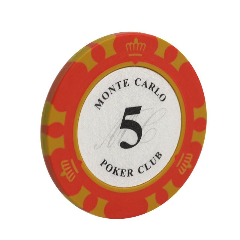 Le jeton de poker avec valeur Monte Carlo rouge de valeur 5.