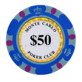 Le jeton de poker cash game Mont Carlo bleu de valeur 50.