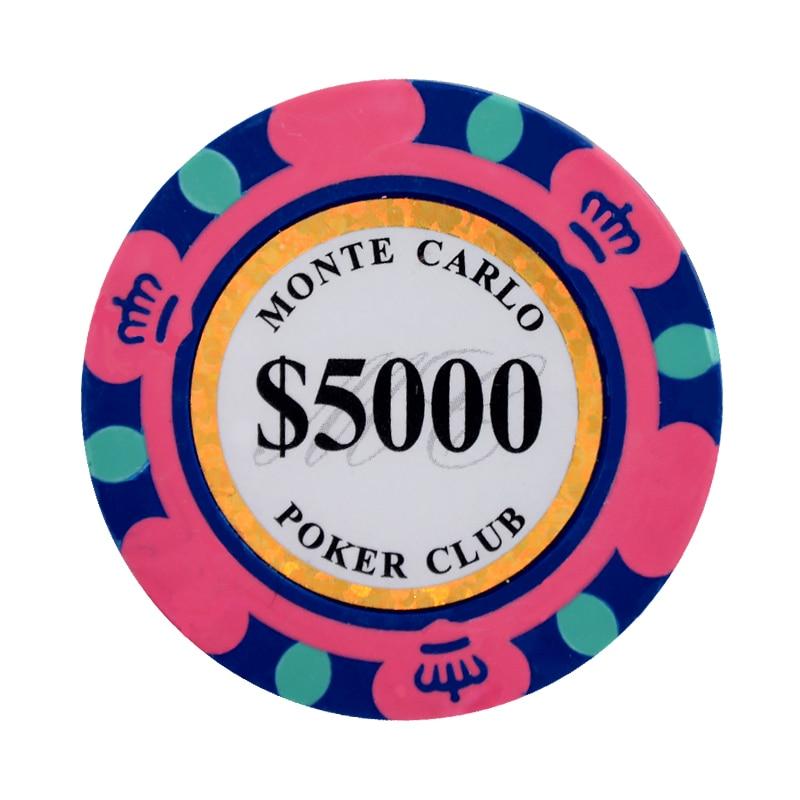 Le jeton de poker cash game Mont Carlo rose de valeur 5000.