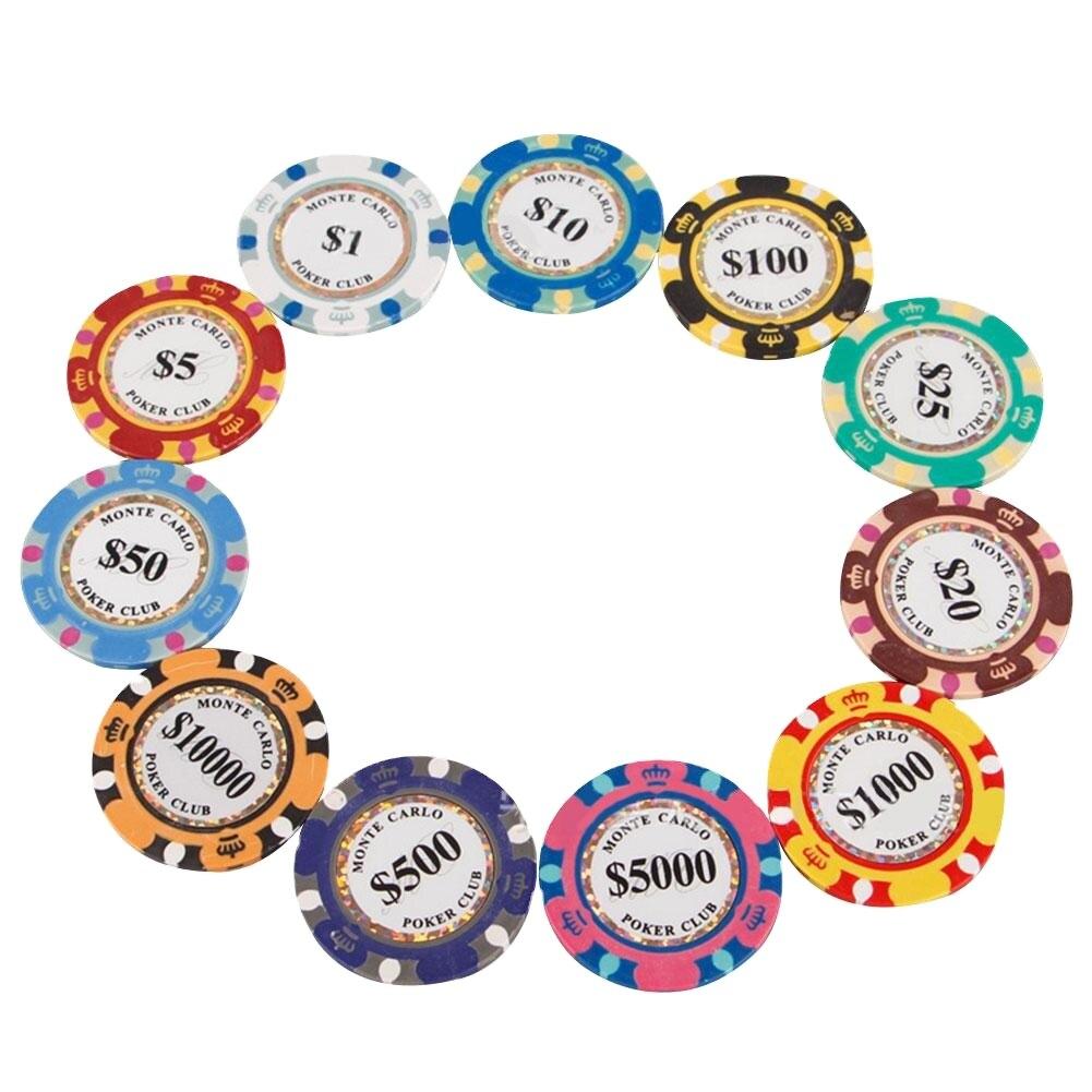 Jetons de poker cash game monte carlo toutes les couleurs présentée en rond