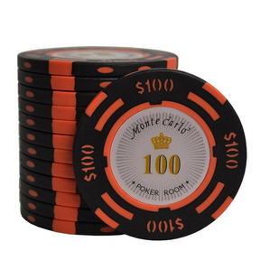 Une pile de jeton de poker monte carlo noir et rouge de valeur 100.