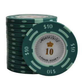 Une pile de jeton de poker monte carlo vert de valeur 10.