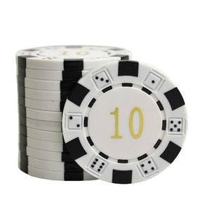 Jeton de poker DICE blanc et noir avec la valeur 10 inscrit au milieu.