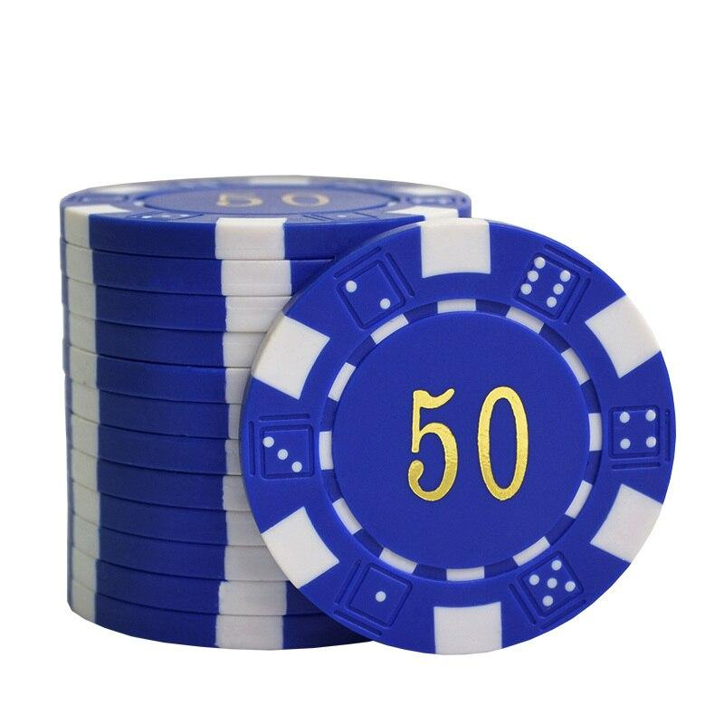 Le jeton de poker DICE bleu avec la valeur 50 inscrit en doré au milieu.