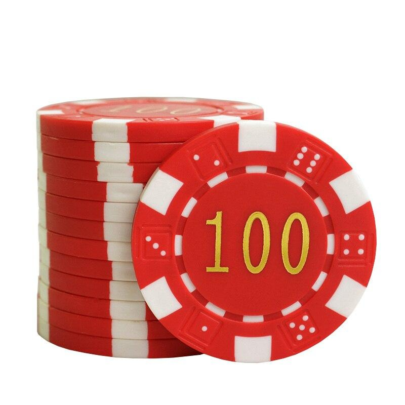 Le jeton de poker DICE rouge avec la valeur 100 inscrit en doré au milieu.