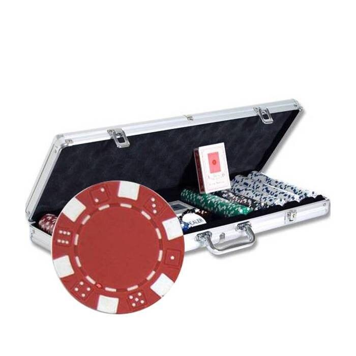 Une mallette de poker 500 jetons DICE pour des parties jusqu'à 10 joueurs, disponible avec un tapis de jeu spécial poker