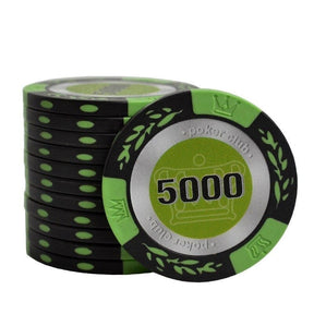 Jeton de poker noir et vert lime de valeur 5000.